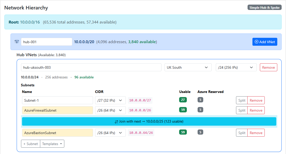 Azure Hub & Spoke Subnet Planner screenshot