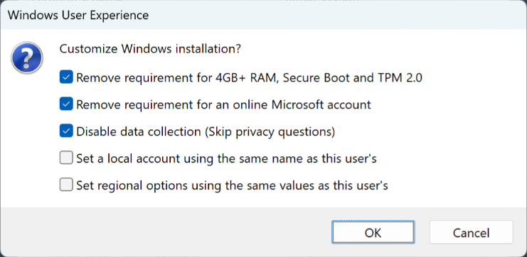 Rufus bypass options dialog